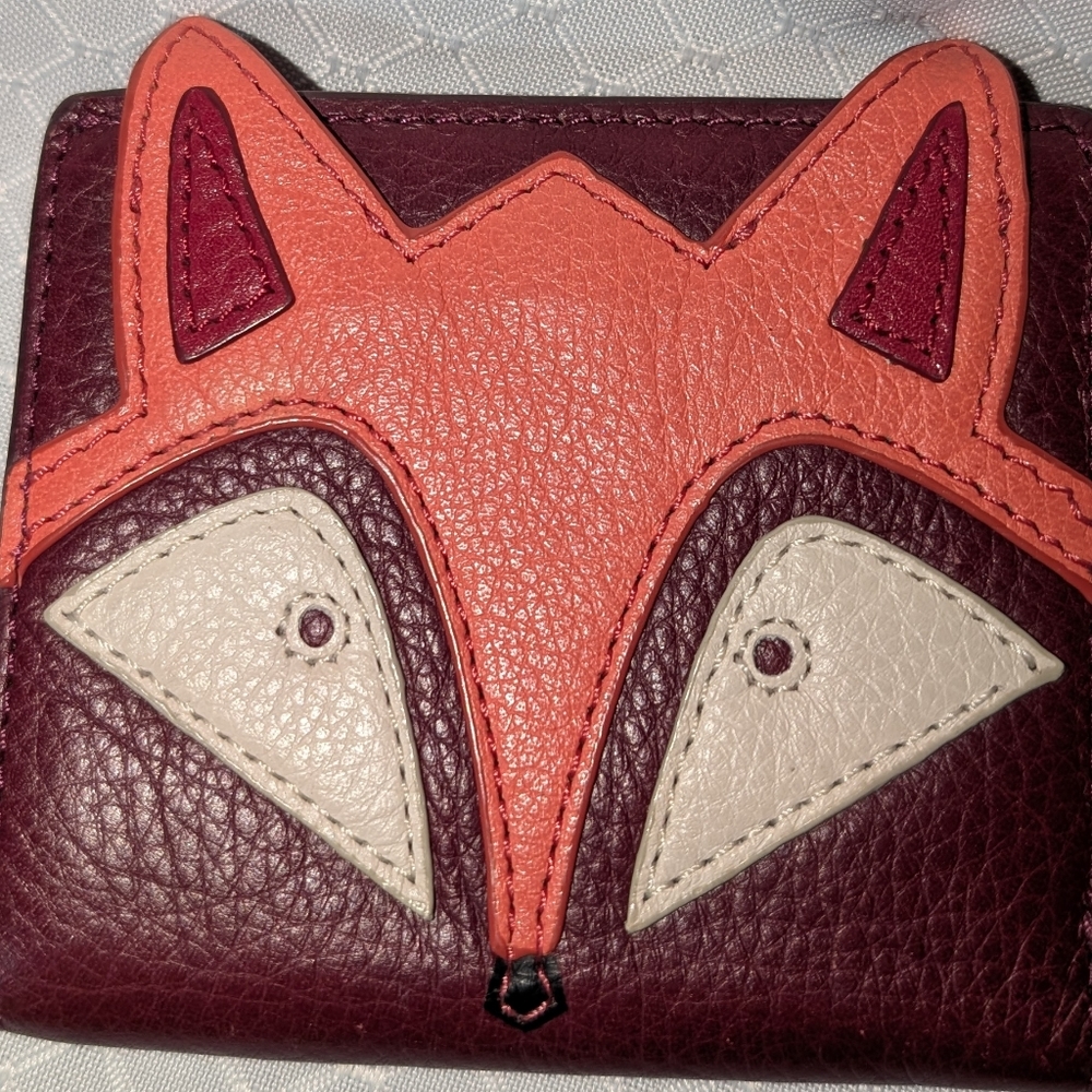 Fossil Mini Bifold Wallet Maroon Fox Face Leather ZipperCoin Pocket